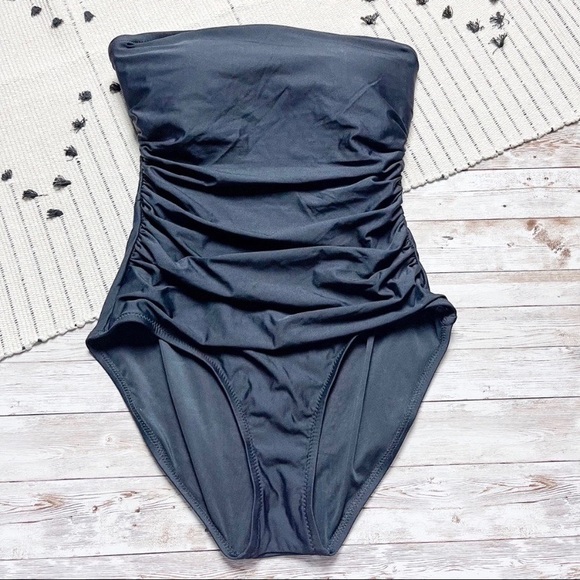J Crew Ruched Bandeau On Piece Swimsuit Black 4 - Picture 1 of 3